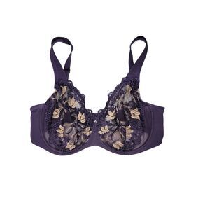 Wacoal Floral Lace Underwire Full Figure Bra Purple Gold Sheer Embroidered 34DD